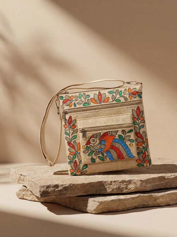Handpainted - Cross Bag with Outer Pocket - Bird