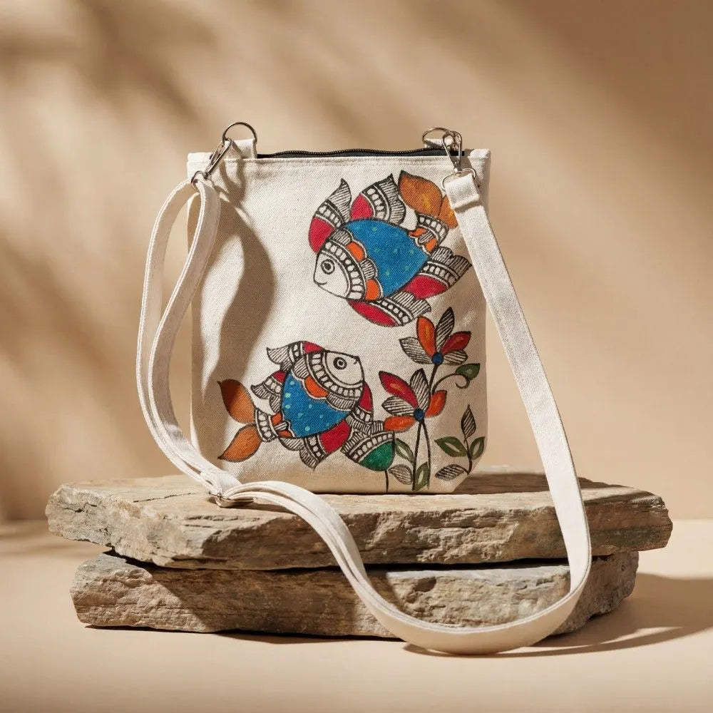 Handpainted Canvas Cross Bag - Madhubani Art - Fish