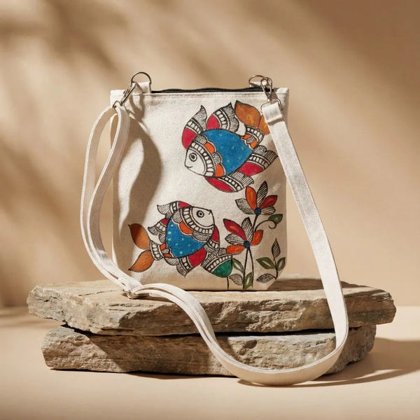Handpainted Canvas Cross Bag - Madhubani Art - Fish