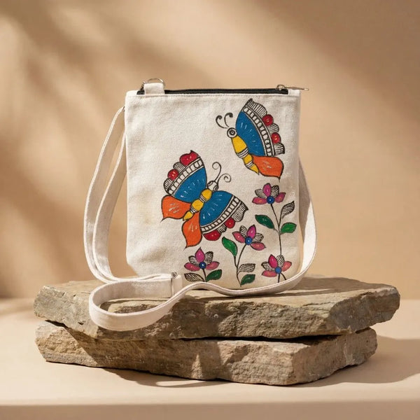 Handpainted Canvas Cross Bag - Madhubani Art - Butterfly
