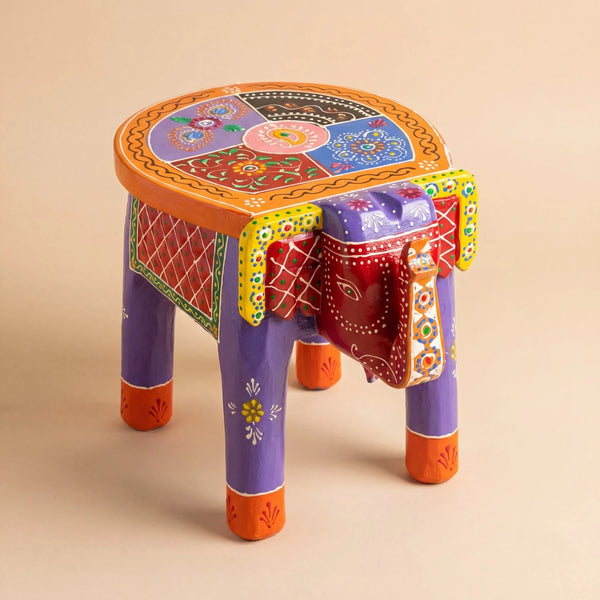 Handpainted Wooden Elephant Stool - Pattern 1