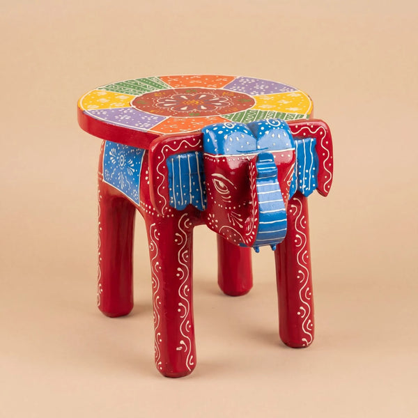 Handpainted Wooden Elephant Stool - Pattern 2