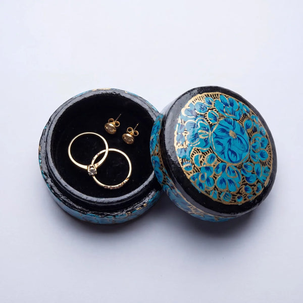 Handpainted Kashmiri Paper Mache Small Box - Round