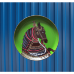 Beautiful Handpainted Horse Face with Green Wall Plate with Blue Background - By Sanskruti Artz