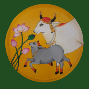 Beautiful Kamadhenu: Hand Painted Celestial Cow of Abundance Yellow Wall Plate By Sanskruti Artz
