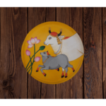 Beautiful Kamadhenu: Hand Painted Celestial Cow of Abundance Yellow Wall Plate with Brown Background By Sanskruti Artz