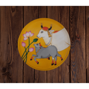 Beautiful Kamadhenu: Hand Painted Celestial Cow of Abundance Yellow Wall Plate with Brown Background By Sanskruti Artz