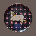 Beautiful Kamadhenu: Hand Painted Celestial Cow of Abundance Navi Blue Wall Plate with Lotus Designs - By Sanskruti Artz