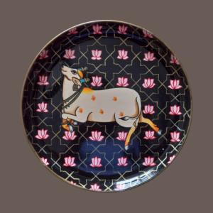 Beautiful Kamadhenu: Hand Painted Celestial Cow of Abundance Navi Blue Wall Plate with Lotus Designs - By Sanskruti Artz