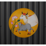 Beautiful Kamadhenu: Hand Painted Celestial Cow of Abundance Yellow Wall Plate with Dark Brown Background By Sanskruti Artz