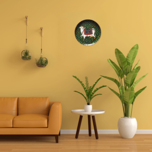 Beautiful Kamadhenu: Green Hand Painted Wall Plate with Cow & Diya on it - By Sanskruti Artz 2