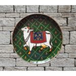 Beautiful Kamadhenu: Green Hand Painted Wall Plate with Cow & Diya on it - By Sanskruti Artz 5