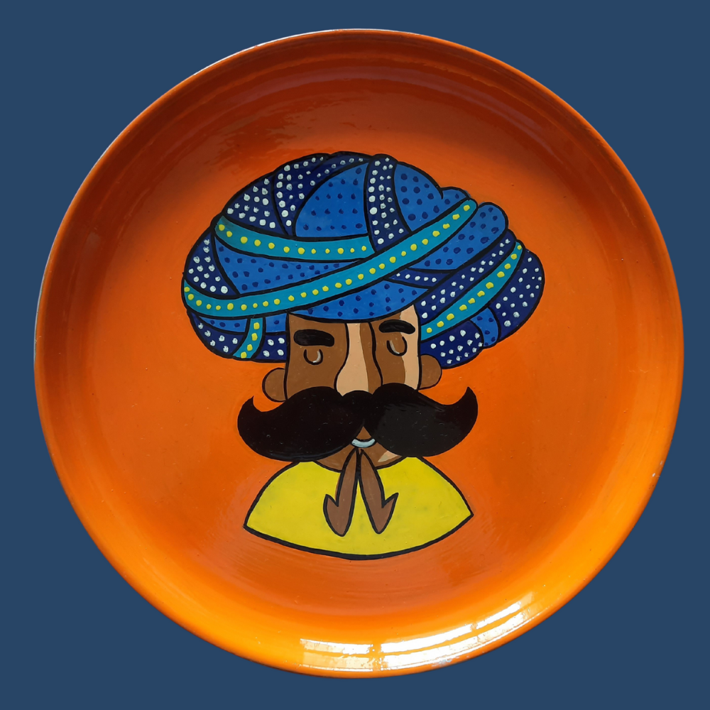 Rajasthan Man 1_New Beautiful Hand-Painted Wall Plate with Regal Rajasthani Welcoming Charm Design with Organce Color By Sanskruti Artz