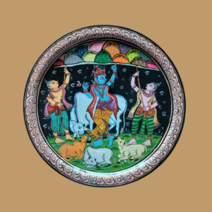 Buy Beautiful Krishna with Govardhan Parvat - Protector of Vrindavan Hand-Painted Wall Plate By Sanskruti Artz
