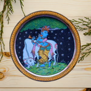 Buy Beautiful Hand Painted Krishna with Tree & Cow Wall Plate 2 - Harmony with the Divine By Sanskruti Artz