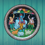 Buy Beautiful Krishna with Govardhan Parvat - Protector of Vrindavan Hand-Painted Wall Plate 3 - By Sanskruti Artz